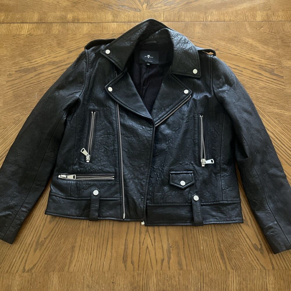 7 For All Mankind Women’s Moto Leather Jacket Size L Black